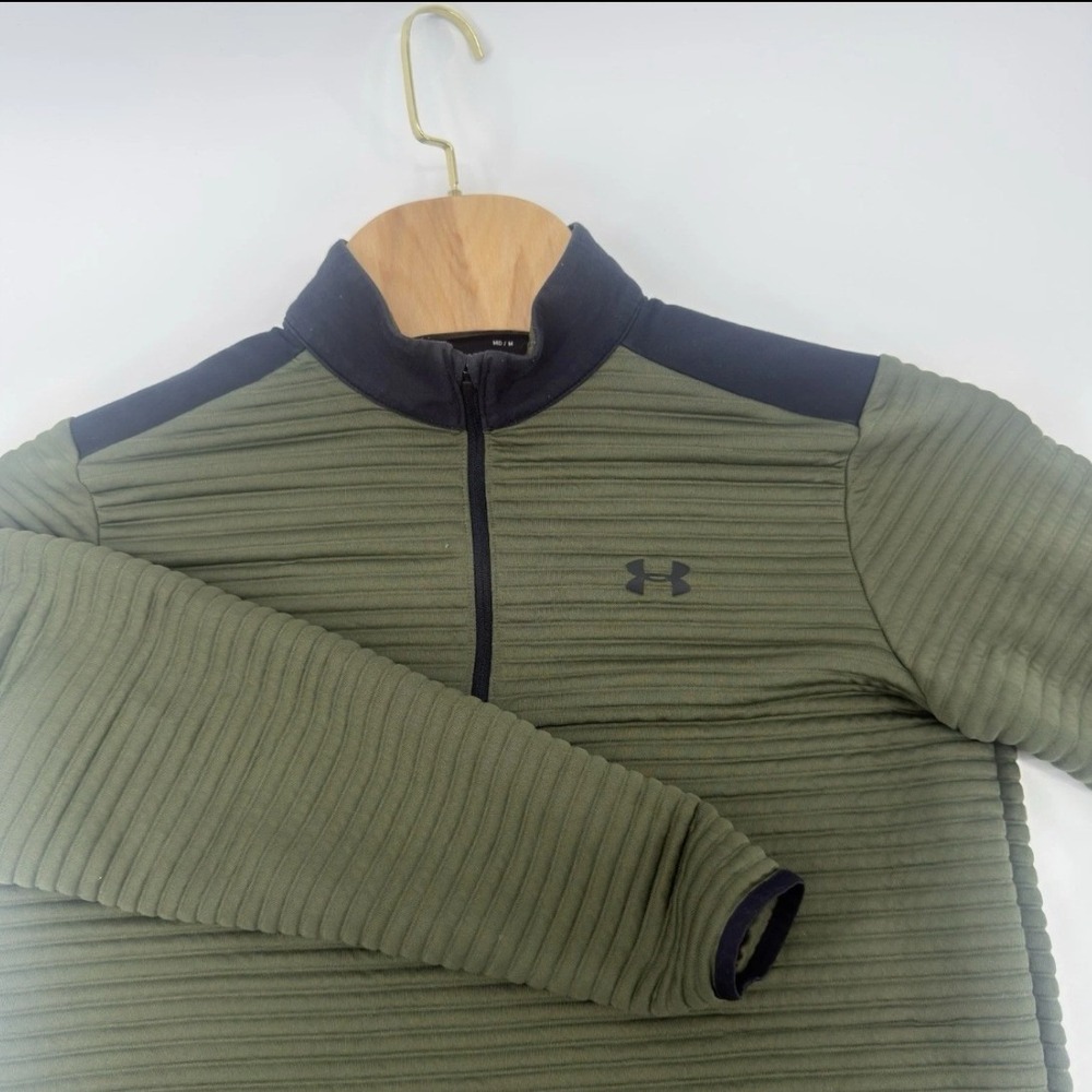 Under Armour ColdGear Mens Medium 1/4 Zip Pullover Ribbed Olive‎ Green Black